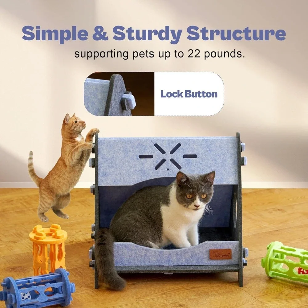 PETZONE Indoor Cat Cave Bed Tunnel Felt Scratch‎ Resistant Blue Grey Medium
